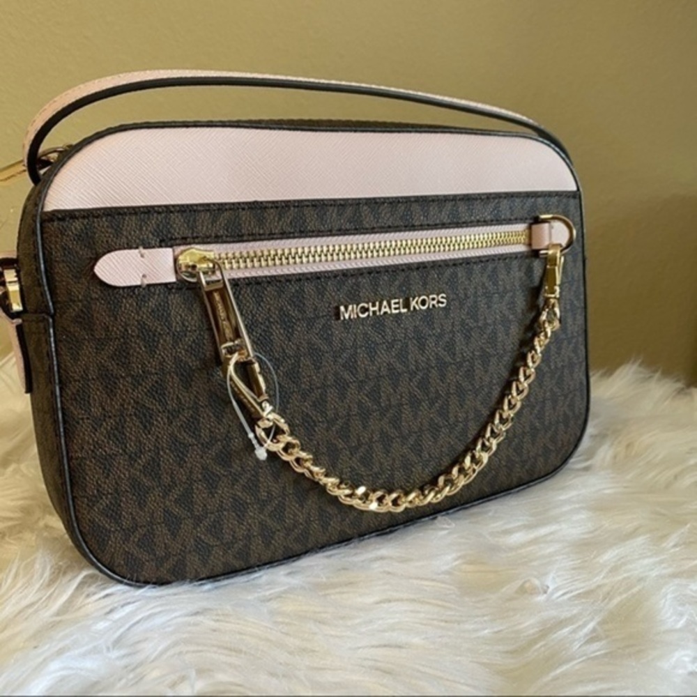 Michael Kors Brown Logo Crossbody with Pale Pink Accent and Gold Chain
